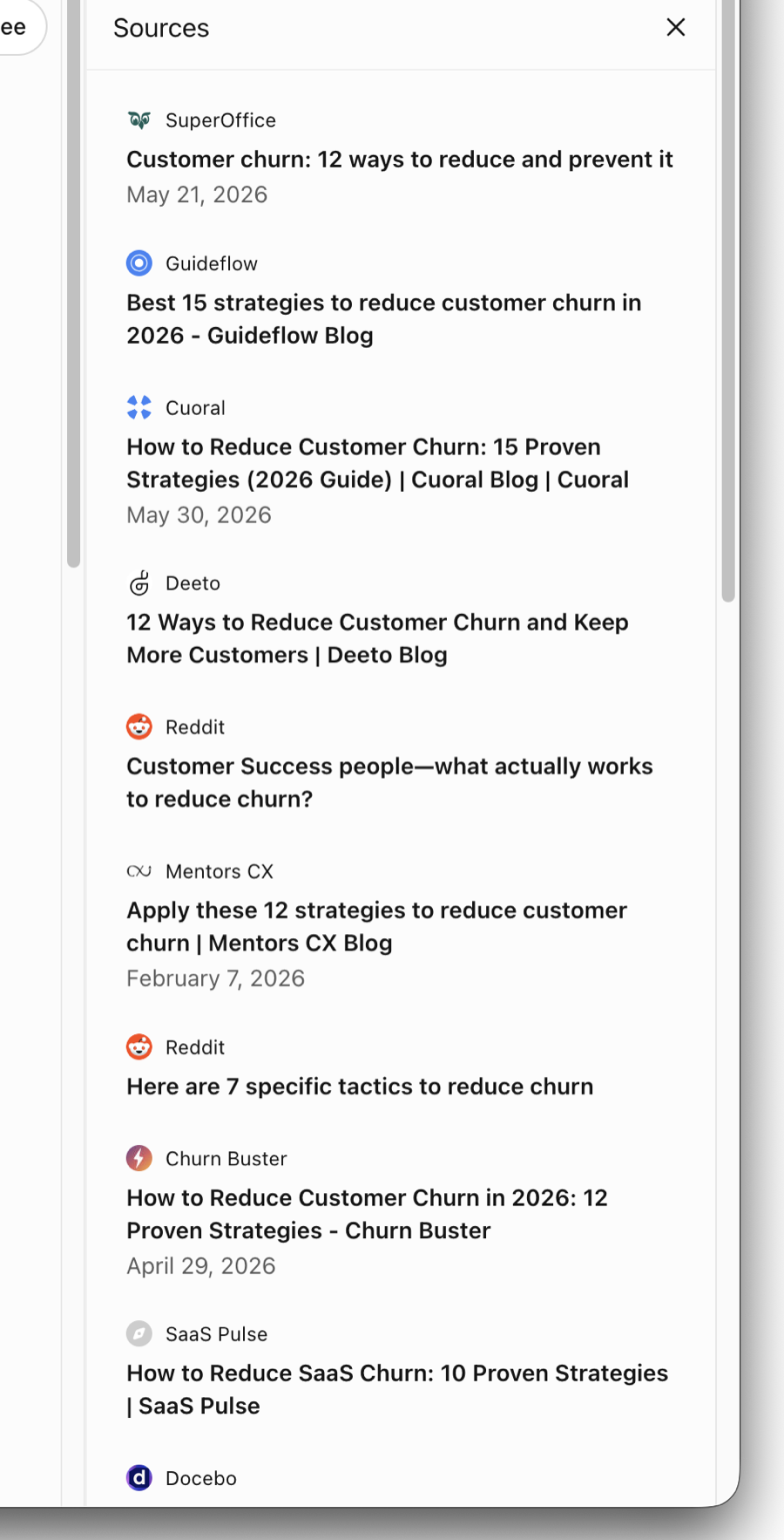 ChatGPT's web-search source panel for the query "how to reduce customer churn," captured 24 June 2026, citing SuperOffice, Guideflow, Cuoral, Reddit, and Churn Buster, with HubSpot absent.