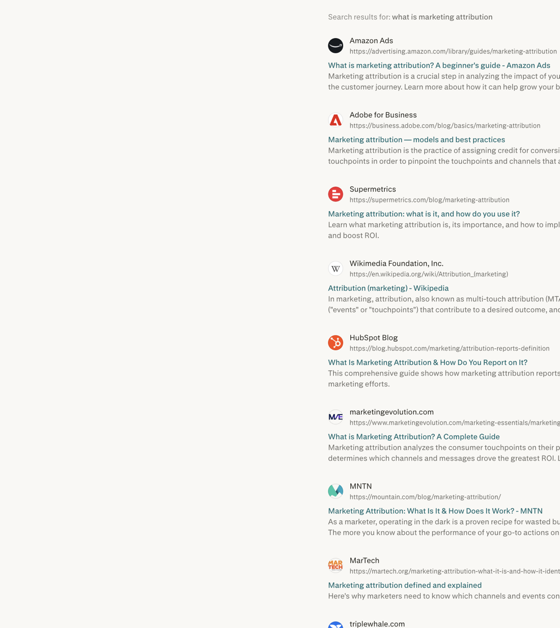 Perplexity's source list for the query "what is marketing attribution," captured 24 June 2026, showing HubSpot's blog cited as one source among Amazon Ads, Adobe, Supermetrics, Wikipedia, and MNTN.