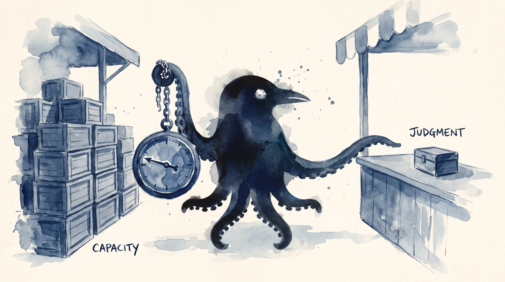 Watercolor illustration: the Ravenopus stands between two market stalls holding an old brass measuring instrument on a chain. The left stall is stacked to the ceiling with identical crates and the instrument's needle swings hard toward it. The right stall holds one small closed box on an otherwise empty counter, and the needle barely moves for it — though the thing the Ravenopus actually came to buy is the box. The instrument is not broken; it is working perfectly, and pointed at the wrong quantity.