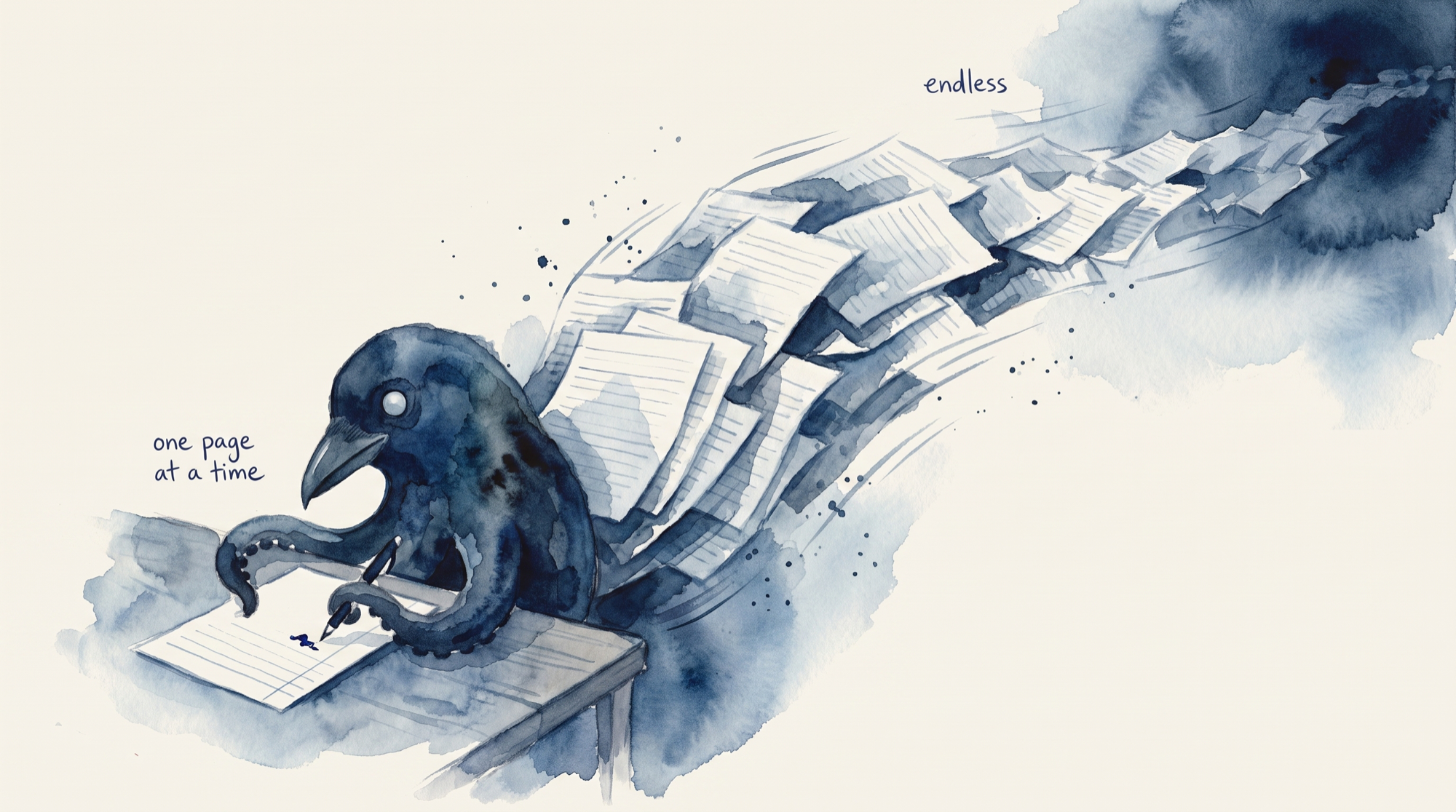 Watercolor illustration: the Ravenopus sits at a small desk reading a single page closely, pen in hand, mid-correction. Behind it a conveyor of finished pages climbs away into the dark far faster than the reading can keep up with, and the pages that pass the desk unread are indistinguishable from the one being read. The scarce thing is not the production, which is endless. It is the reading, which is one page at a time and always will be.