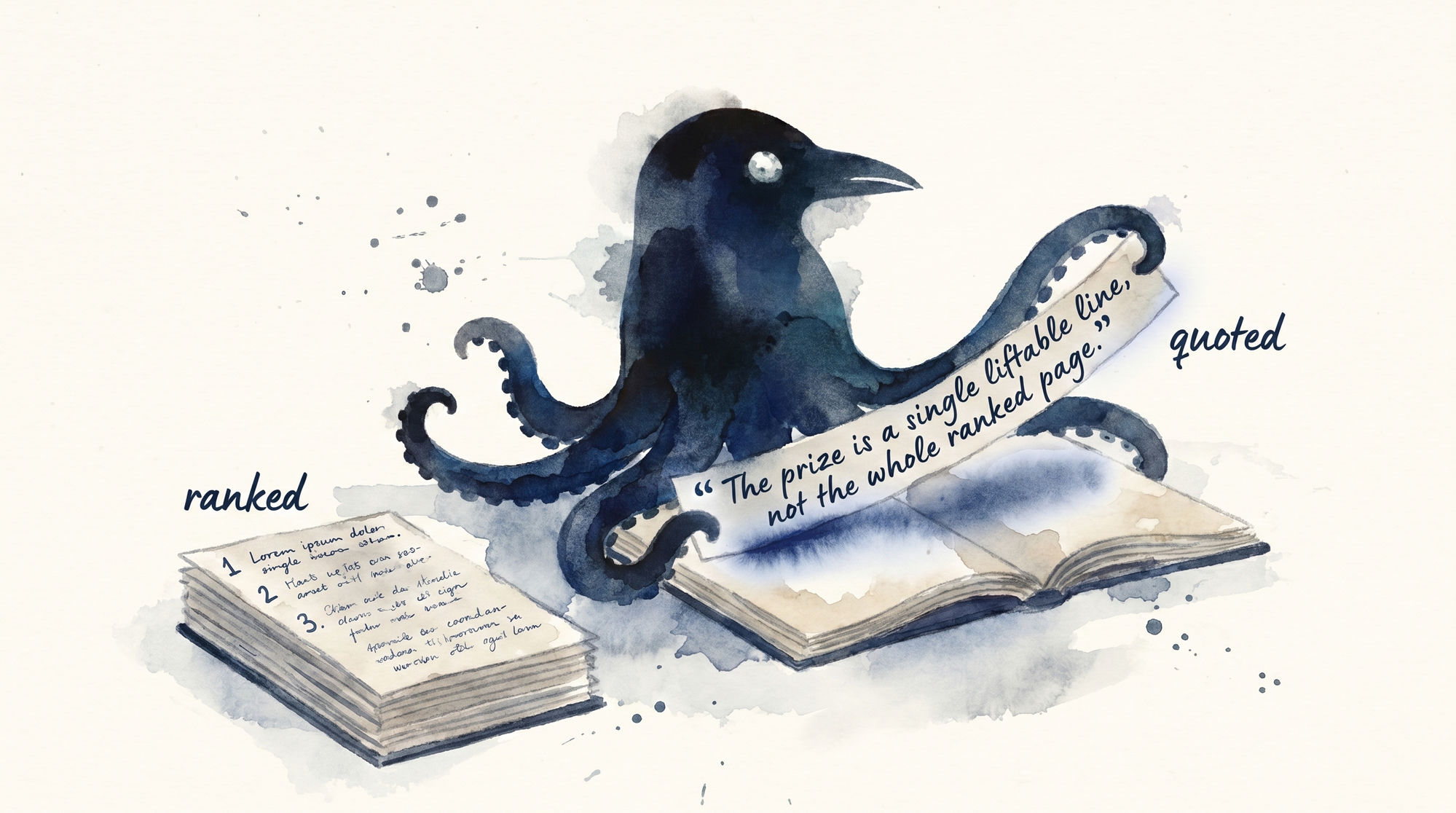 Watercolor illustration: the Ravenopus lifts a single quoted line — “The prize is a single liftable line, not the whole ranked page.” — out of an open book, beside a stack of numbered ‘ranked’ pages.